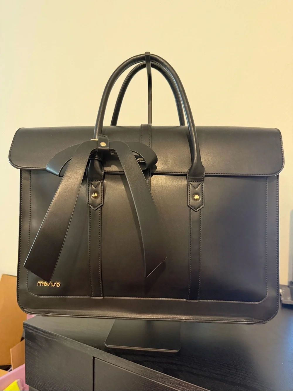 Mosun Black Leather Briefcase Tote with Decorative Bow
